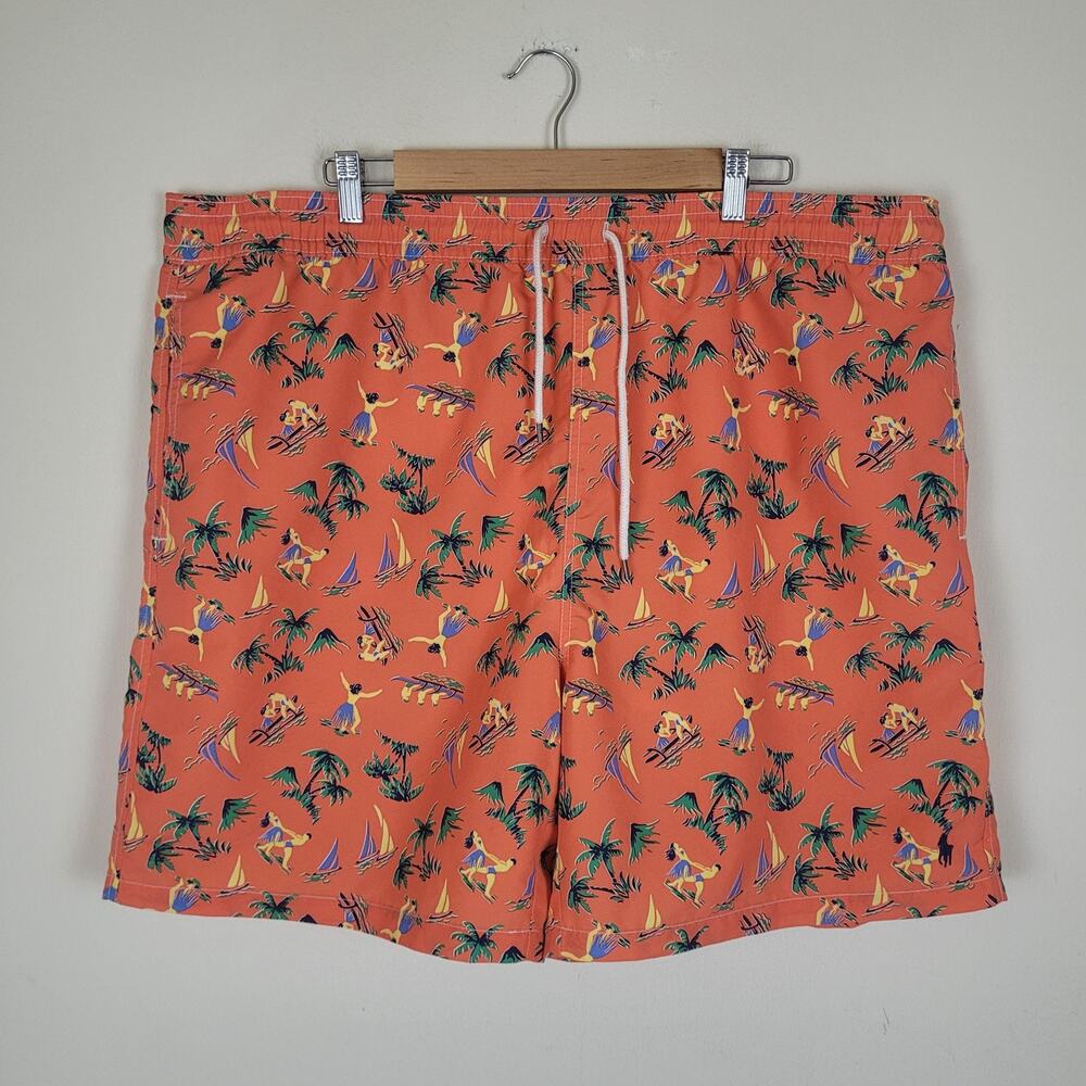 Polo Ralph Lauren Swim Shorts Men XLT Orange Hawaiian Print Trunks Beach Summer